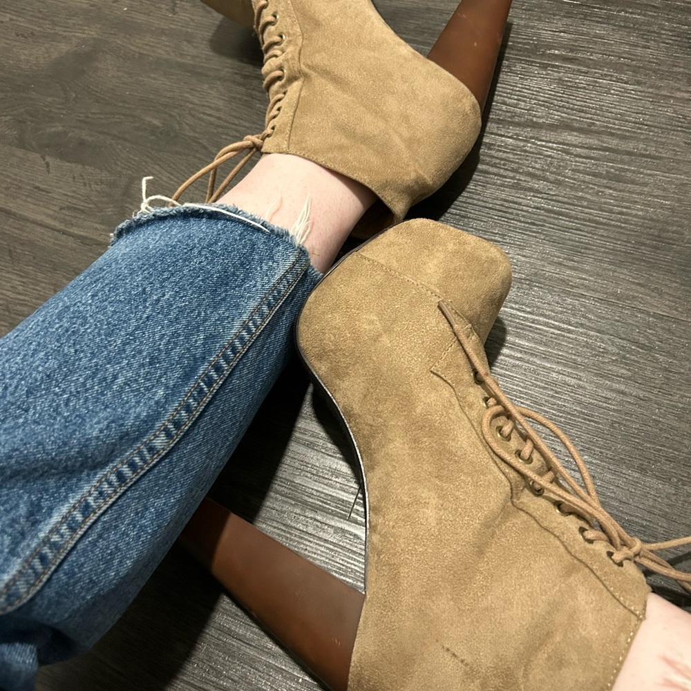 Tan Lace-Up Ankle Boots with Suede Finish